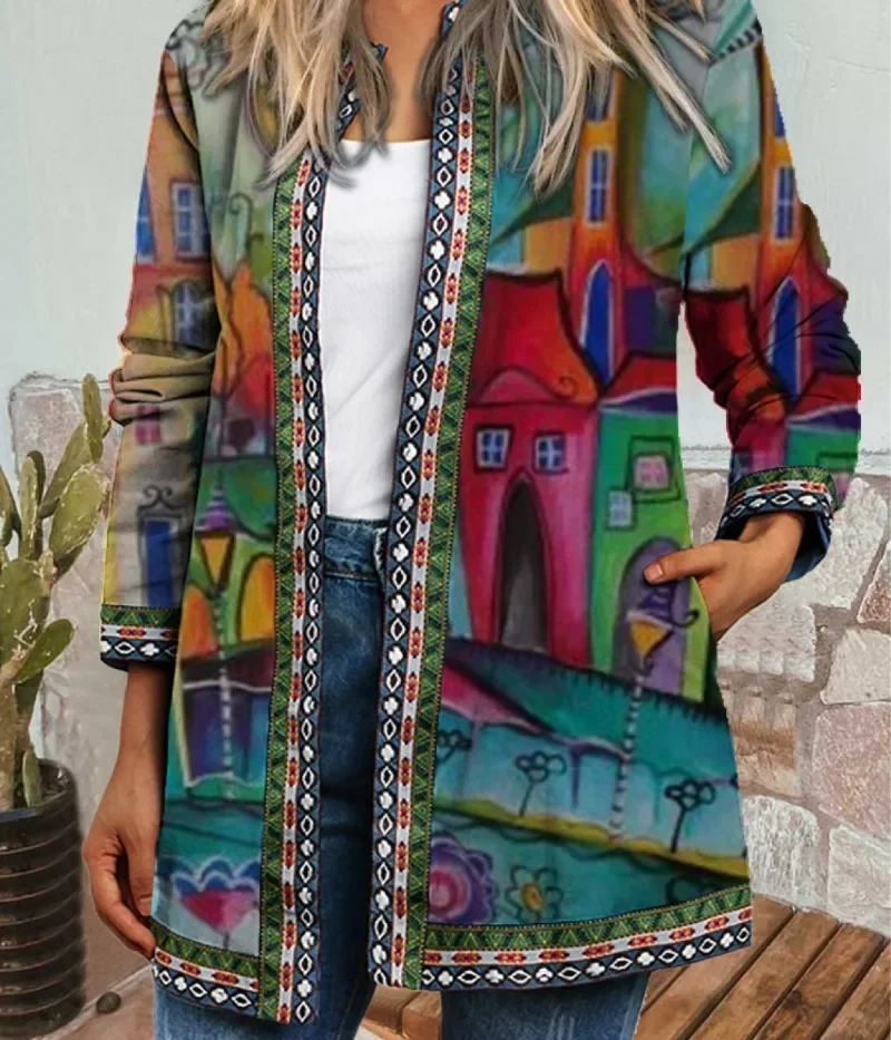 Blazer décontracté imprimé de fleurs pour femme, veste indie folklorique, manteau vintage à manches longues, vêtements d\'extérieur minces pour