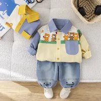 Casual Long Sleeve Shirt And Jeans Set for Boys Spring New Style Color Block Collar Design Children's Clothing Two Piece Suit