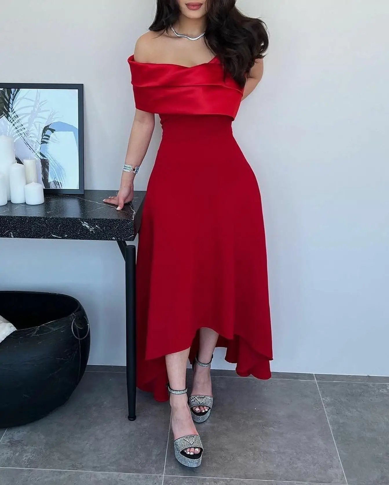 

Noble Red Off The Shoulder Neckline Prom Dress Short Sleeves With Ankle Length Evening Elegant Party Dress For Women2023