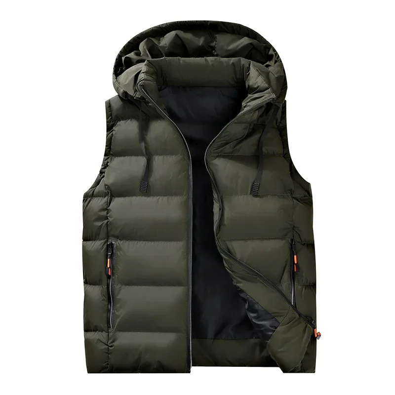 Men Down Vest Winter Thicken Cold-proof Stand Collar Male Waistcoat Simple Solid Color Versatile Sleeveless Hooded Man Coat
