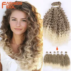 FASHION IDOL Deep Wave Hair Weave Ombre Brown Color Synthetic Hair Extensions 6pcs 22 24 26 inch Afro Kinky Curly Hair Bundles