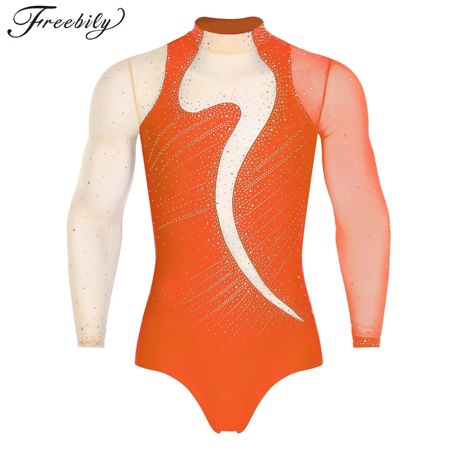 Męski strój do łyżwiarstwa figurowego, baletu, tańca, gimnastyki, akrobatyki, występów, trykot z długim rękawem, przezroczysta siateczka, błyszczący, zdobiony cyrkoniami.