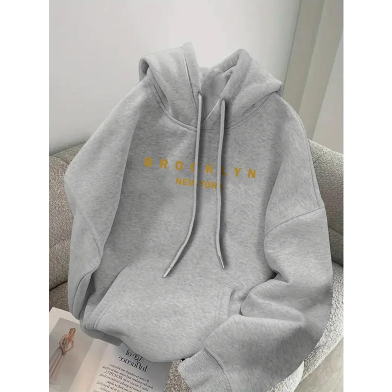 Men's Autumn and Winter Casual Fashionable Loose Brooklyn Letter Print Long-Sleeved Hooded Warm Sports Pullover