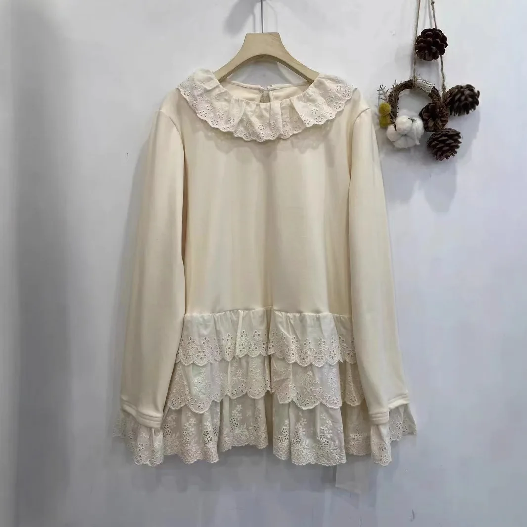 Japanese Sweet Mori Girl Three Layer Lace Embroidery Cotton T-Shirts Women Autumn Kawaii O-Neck Long Sleeve Casual Loose Tops