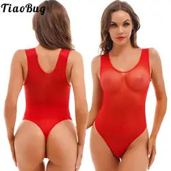 Tiaobug Womens Pure Red See-through One-piece Swimwear Bodysuits U Neck Sleeveless Nylon Leotards Breathable Good Stretchy Wears