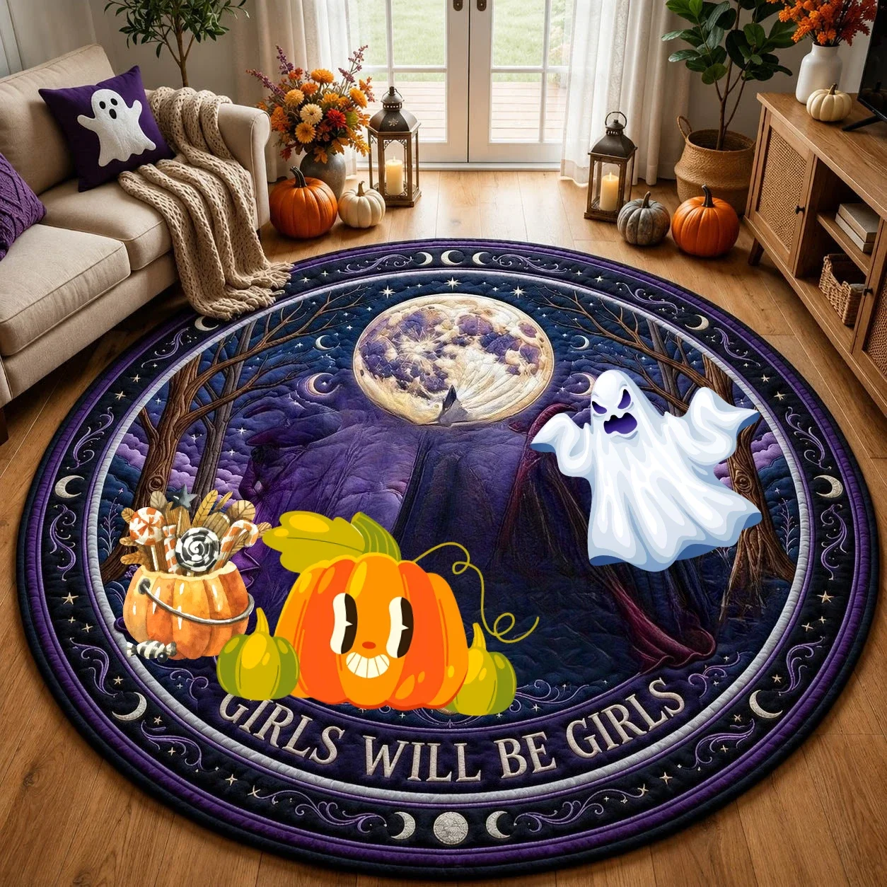 Round Area Rug Flannel Halloween Pumpkin Castle Floor Mat for Living Room Bedroom Holiday Party Decor Circle Carpet