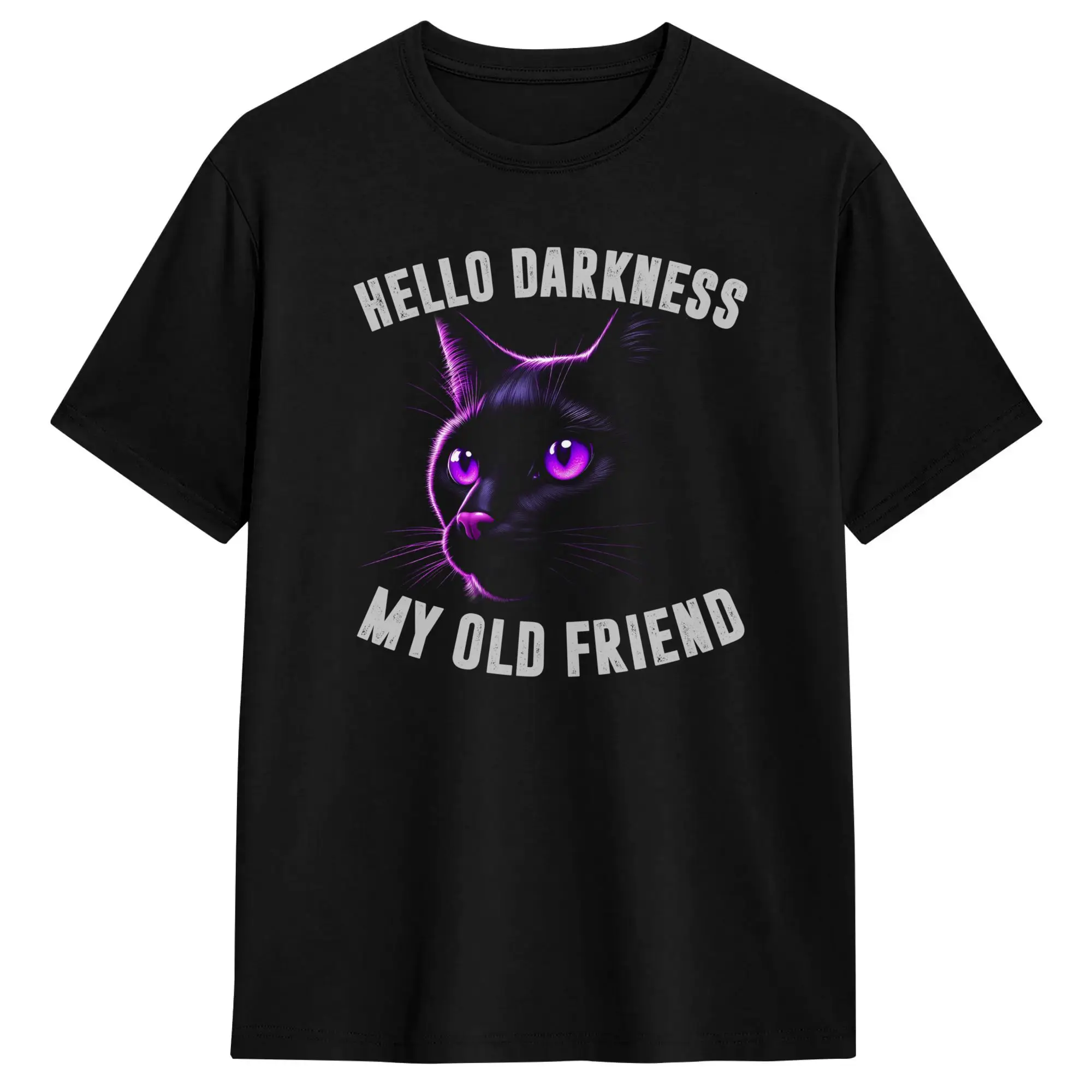Hello Darkness My Old Friend Black Cat Sarcastic Cats 100% Cotton T Shirt For Mens Beach  Vintage T-Shirts O Neck Tee Shirt