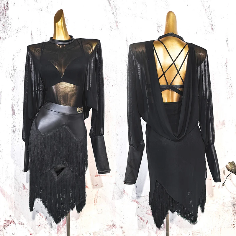 

Наряд для латинских танцев 2025 года, женский черный сетчатый топ, юбка с бахромой, костюм для танцев ча-ча, сальсы, тренировочная одежда для латинских танцев 4705