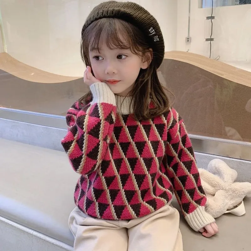 

Свитер на флисовой подкладке с полувырезом для девочек, осень/зима 202, новый детский трикотаж в корейском стиле, утолщенные смешанные топы с капюшоном