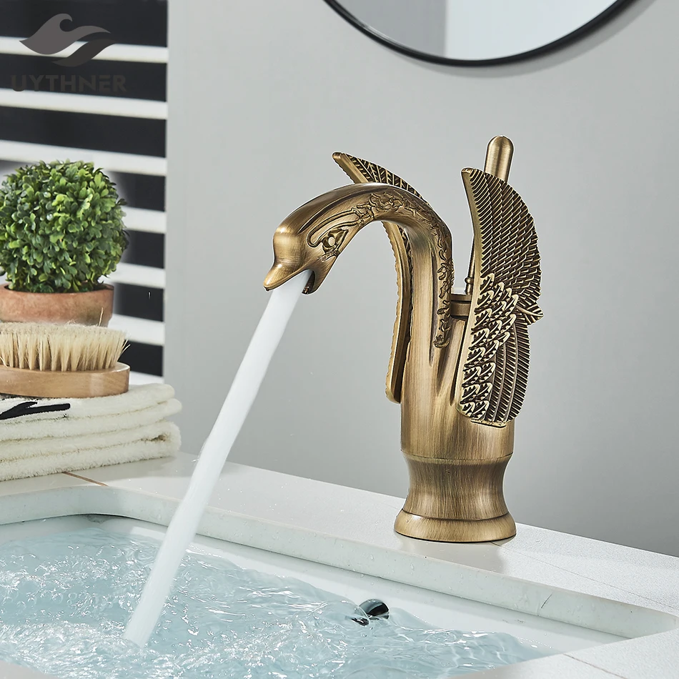 

Uythner Luxury Swan Bath Basin Brass Faucet Cold and Hot Water Mixer Taps Black /Gold/Antique Bathroom Washbasin Crane