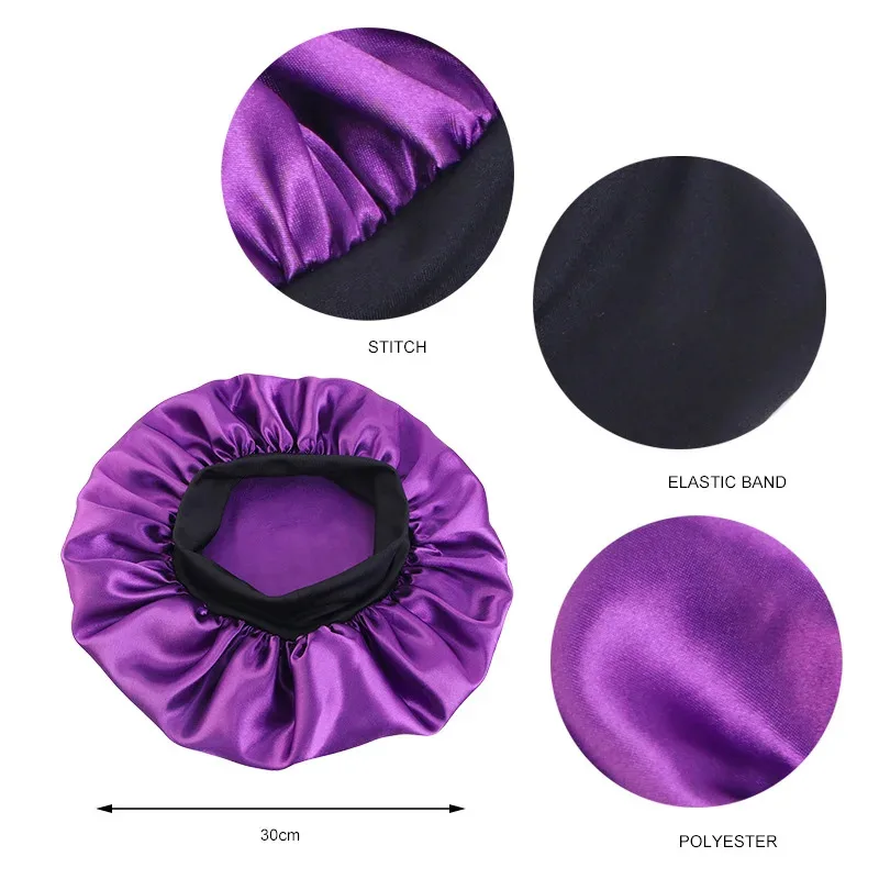 Women's Satin Solid Bonnets Wide-brimmed Night Sleeping Bathing Hat Unisex Head Wrap Elastic Band Cap Hair Care Bonnet view 2