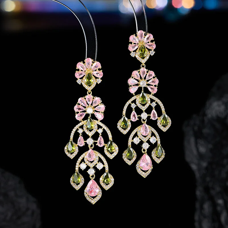 flower dangling earrings for women luxury jewelry zirconia fushia green yellow flower earrings sweet jewelry