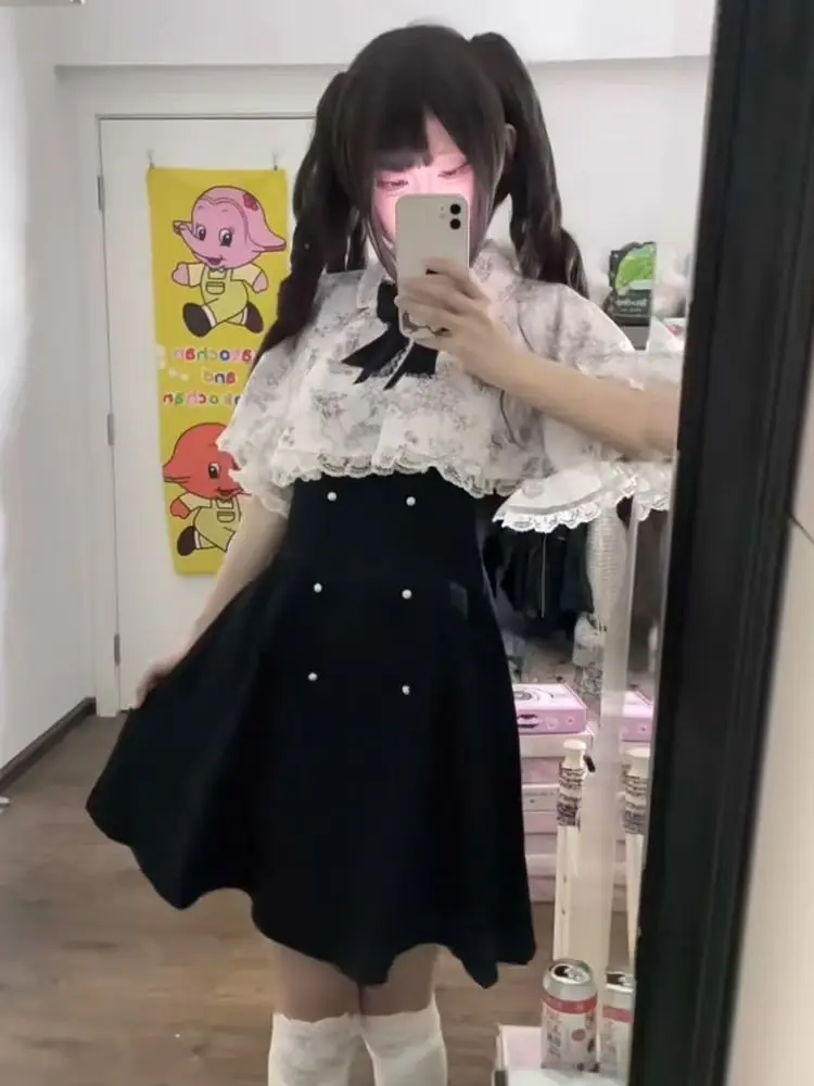 

Japanese Jirai Kei 2 Pieces Sets Kawaii Women Dress Black Y2k Lolita Cute Sweet Aesthetic Mini Dress Elegant Cloak Shawl 2024
