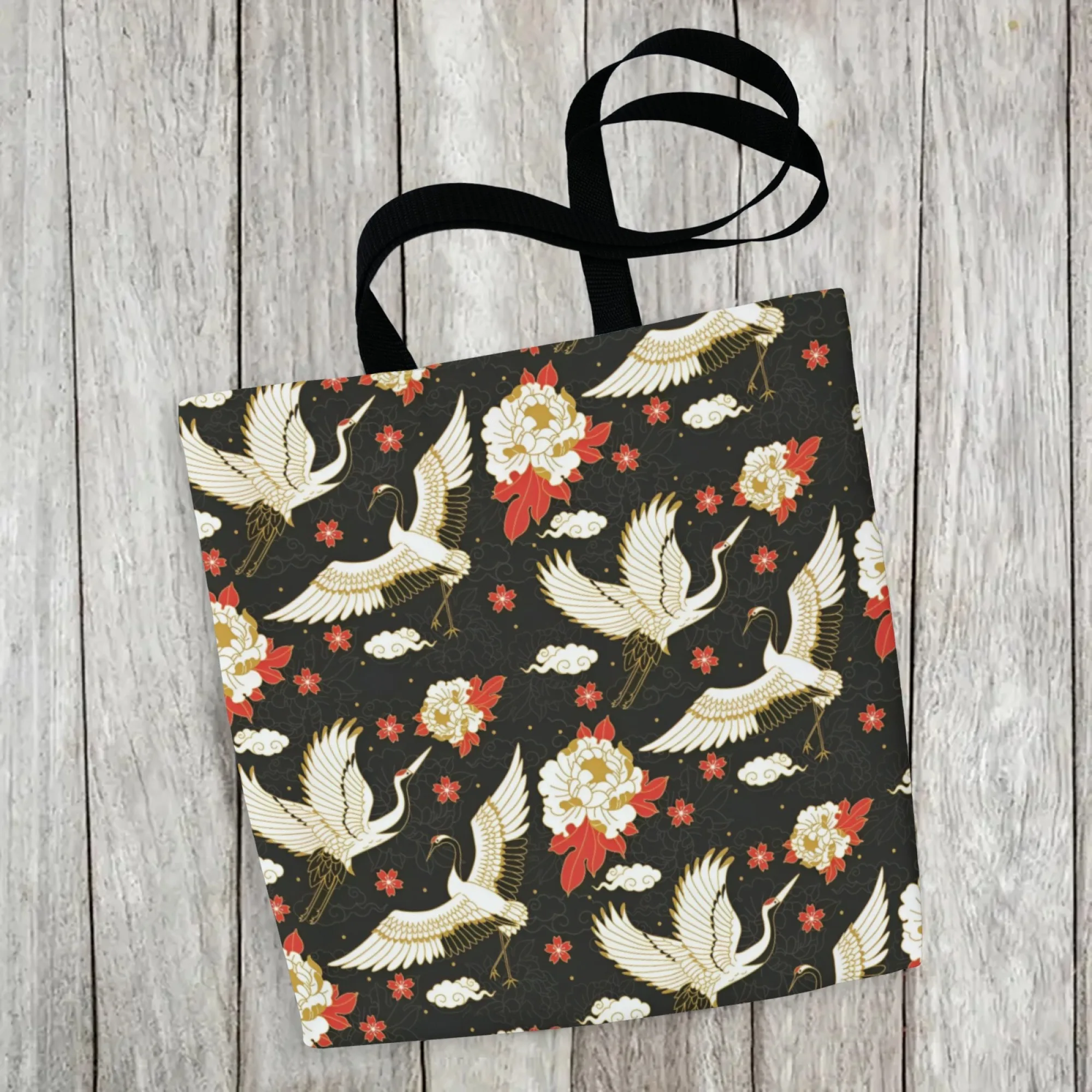 Bolsa tote japonesa tradicional ukiyoe com padrão de guindaste, bolsa de ombro reutilizável de lona, presente para amantes da arte popular e entusiastas da cultura