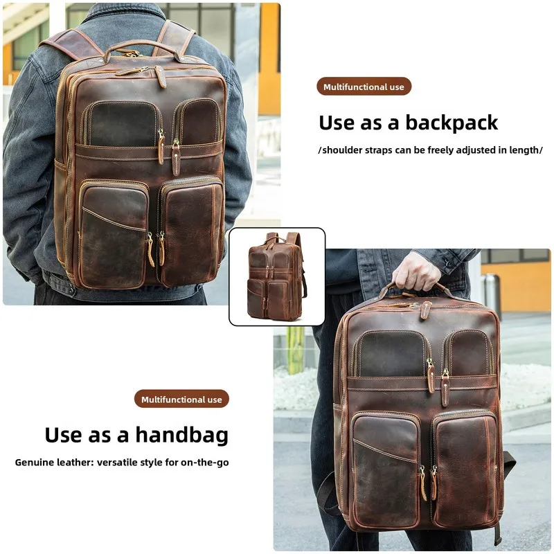 Frenzy Horsehide Men's Double-Shoulder Backpack, Cowhide Outdoor Travel Backpack, Men's Genuine Leather Double-Shoulder Bag