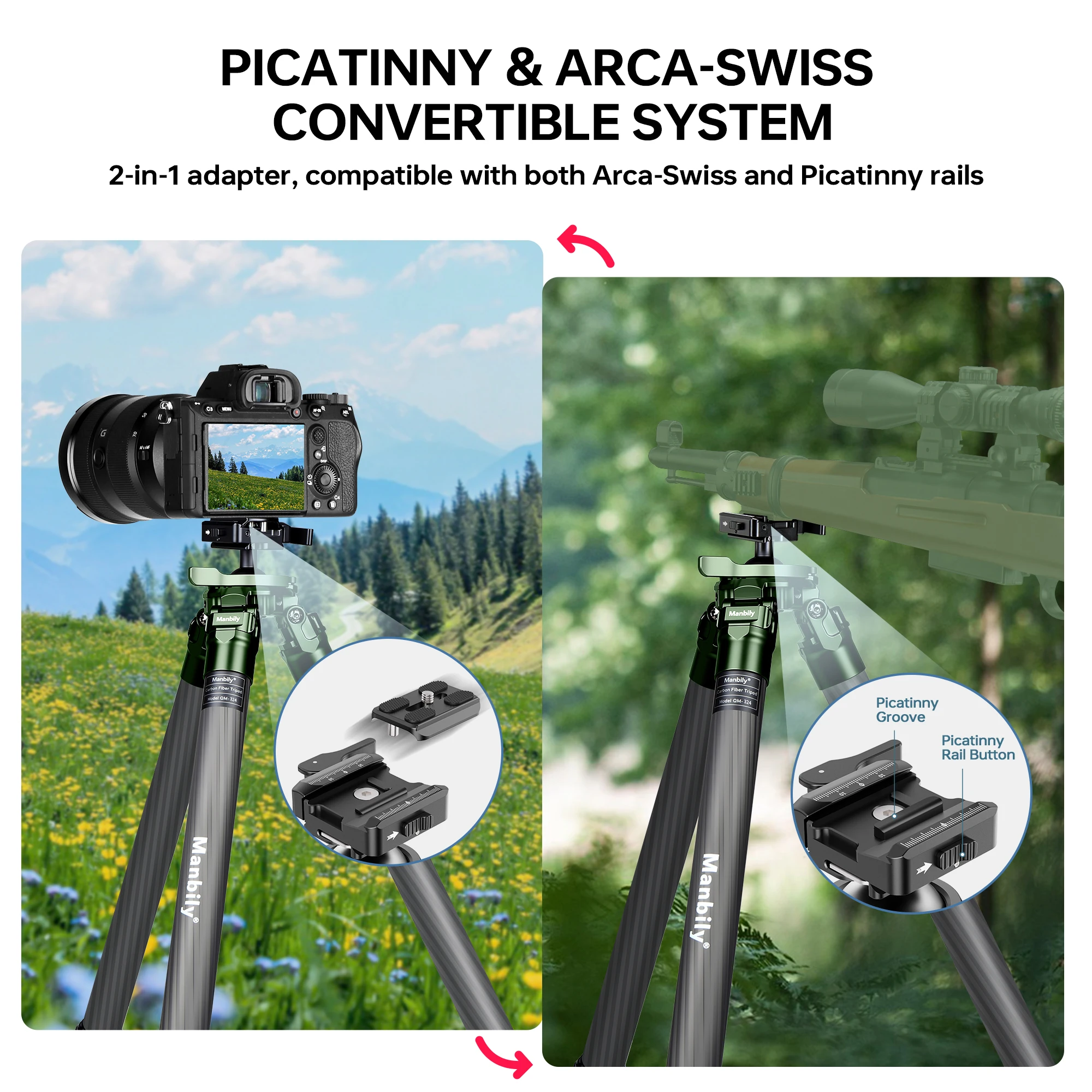 Manbily QM-324 Arca-Swiss Carbon Fiber Tripod For Camera Hunting Heavy Duty Professional Camera Tripod Max Load 44lbs/20kg