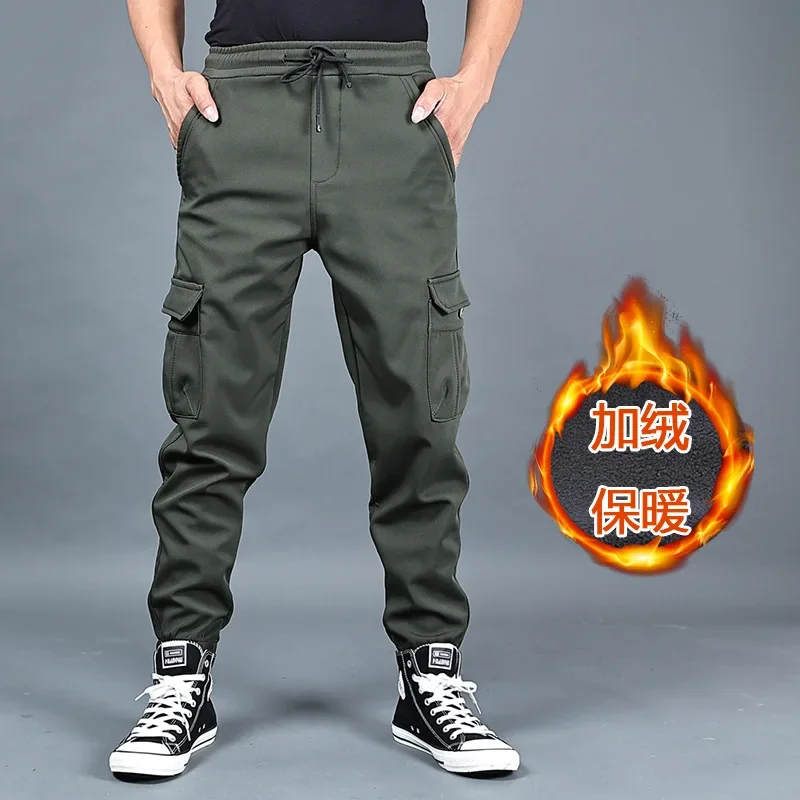 

Winter Men Pants Thick Fleece Joggers Multi Pocket Loose Sport Trousers Male Casual Warm Sweatpants Cargo Pants M-6XL