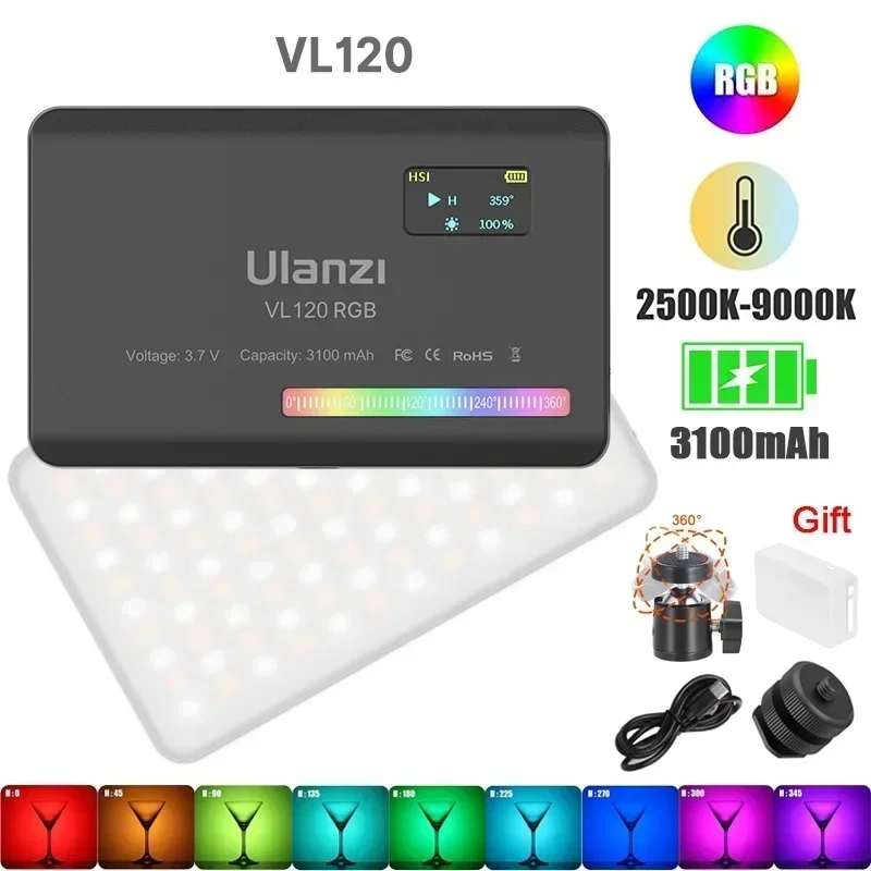 

US.EU VL120 RGB LED Video Light Camera Light Full Color Rechargeable 3100mAh Dimmable 2500-9000K Panel Light Photo Studio Lamp