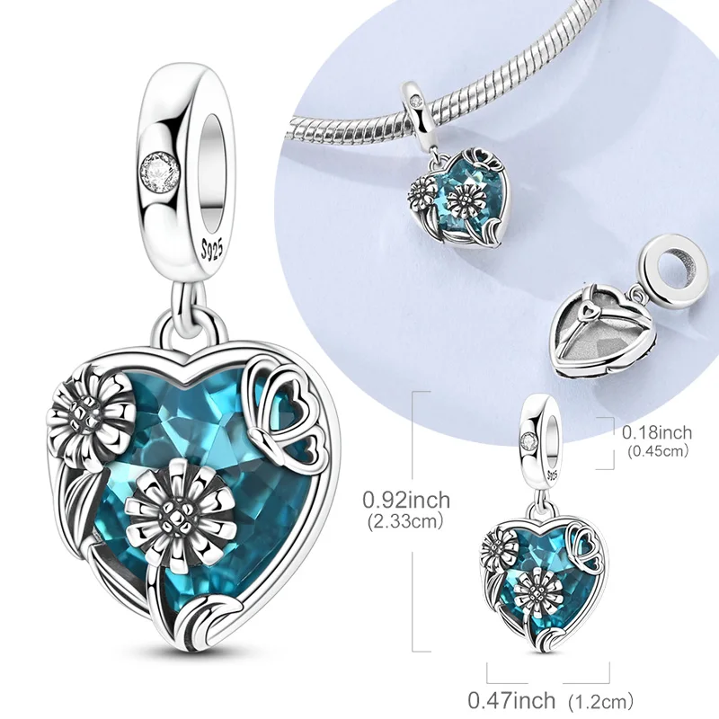 

Original 925 Sterling Silver Charm Sunflower Heart Glass Pendant Fit Original Bracelet Necklace For Women DIY Jewelry Gift