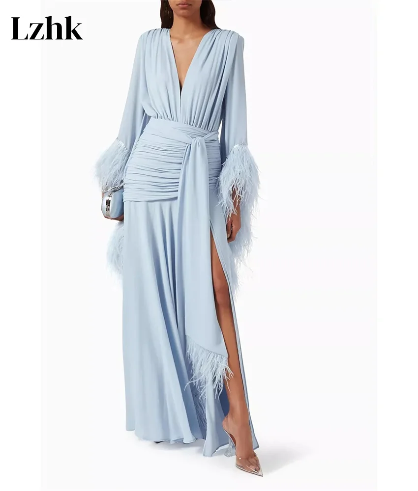 カスタマイズされたクラシックシフォンAラインフェザーイブニングドレス高品質Vネック長袖フロアレングスイブニングドレス