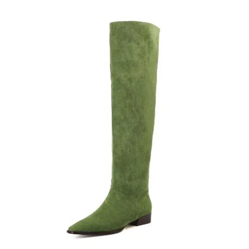 Big Calf Ladies Green Pink Apricot Suede Small Square Toe Tube Slip On Pleated 3CM Heels Knee High Boots Women Long Botas Shoes