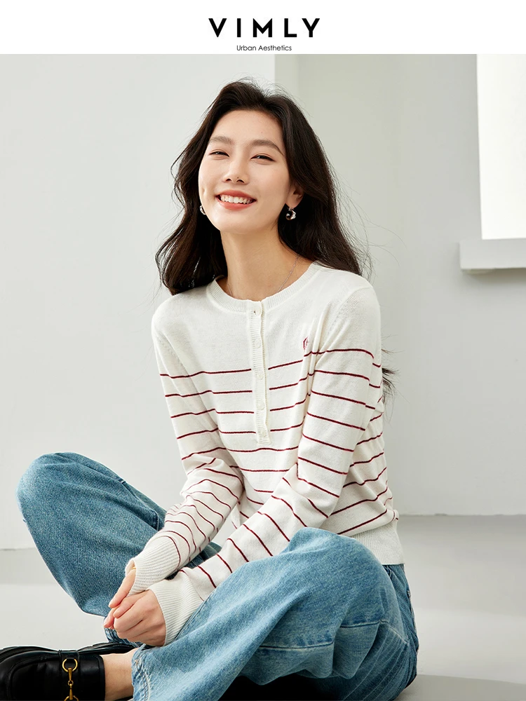 Vimly-Pull en laine mélangée pour femme, haut rayé à manches longues, pulls en tricot à col rond, printemps 2024, 72880