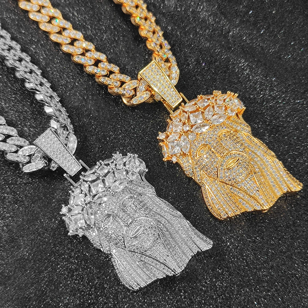 

Подвеска ESKEEM Bling Iced Out 5A CZ с лицом Иисуса, белое золото, подвеска с большой головой Иисуса, ювелирные изделия в стиле хип-хоп с кубинской цепочкой 12 мм
