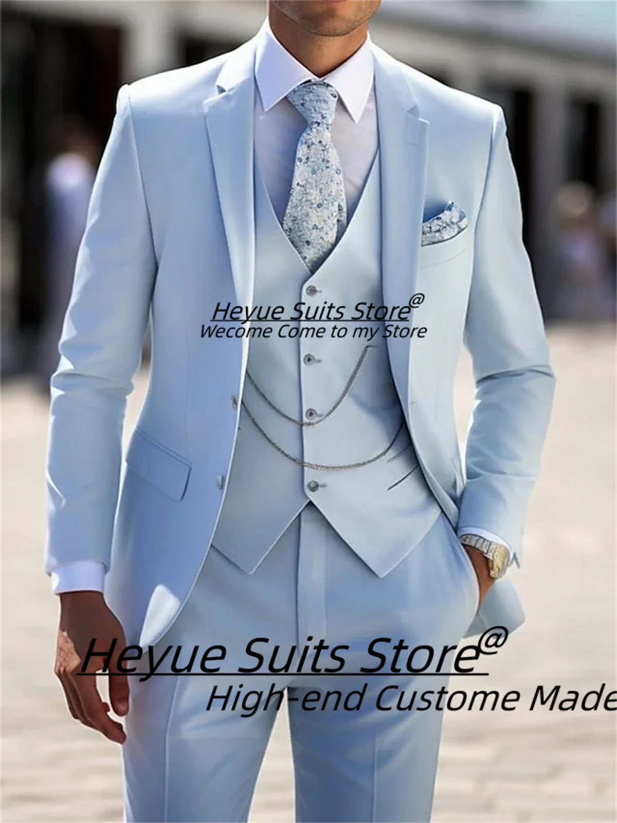 

Fashion High-end Sky Blue Men Suits Slim Fit Notched Lapel Groom Wedding Tuxedos 3 Pieces Sets Handsome Male Blazers Ropa Hombre