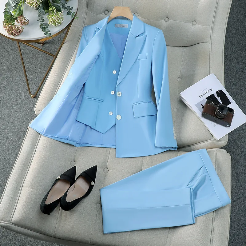 New Women Vest Blazer Jacket and Pant Suit Pink Blue Khaki Office Ladies Business Work Wear Formal 3 Pieces Set Women Clothing