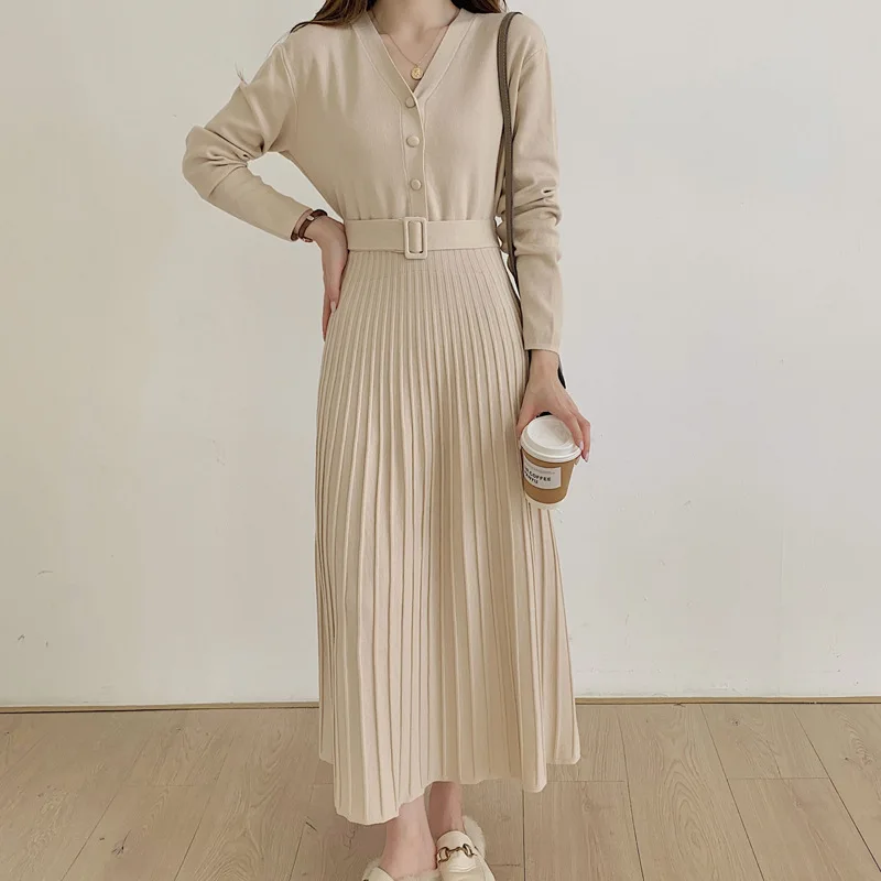 HLBCBG Elegant Winter long Sweater dress women Long sleeve OL lady Thick A-Line dress Female Jumper V neck slim knit dress