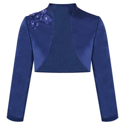 Ragazze fiore raso Bolero giacca corta manica lunga squisita Applique Cardigan festa di nozze battesimo comunione vestito Outwear