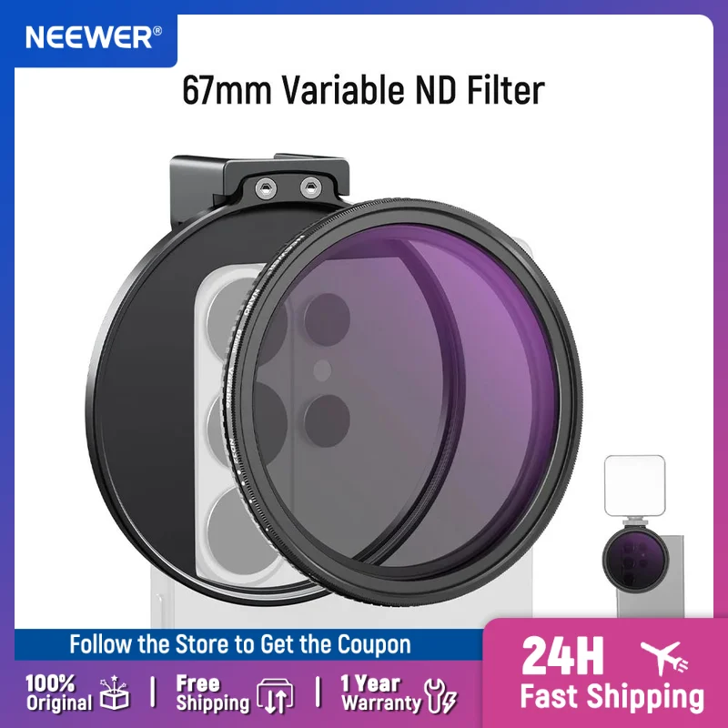NEEWER 67mm Variable ND Filter & Threaded Phone Clip Set, Adjustable ND2-32 For iPhone 17 Pro Max Samsung S26 Ultra