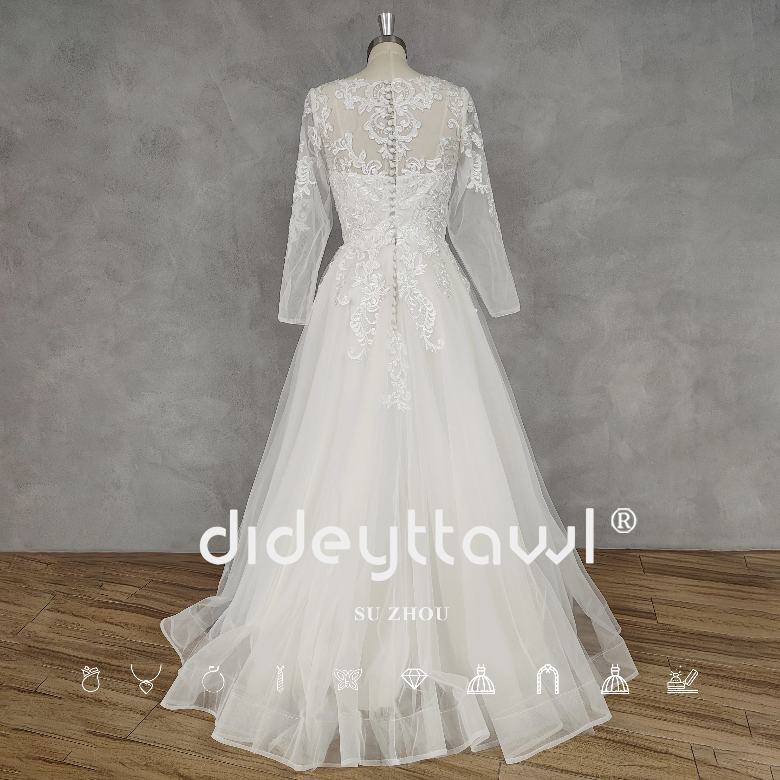 DIDEYTTAWL Real Picture V-Neck A-Line Appliques Tulle Long Puff Sleeves Wedding Dress Illusion Back Lace Court Train Bridal Gown