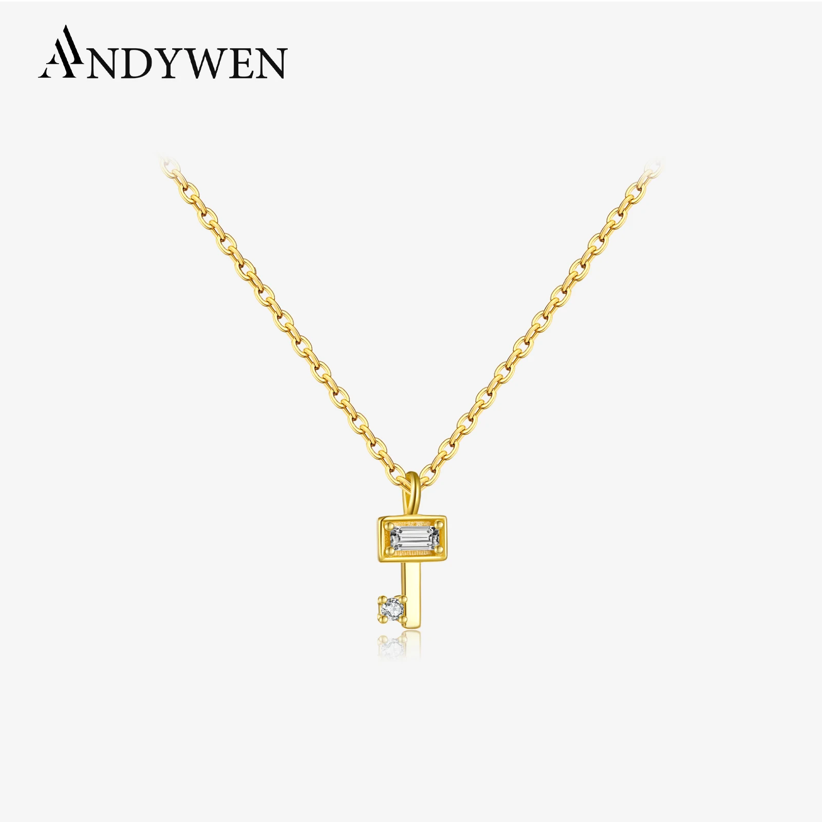 

ANDYWEN 925 Sterling Silver Square Classic Key Tiny Pendant Necklace Long Chain Fine Jewelry 2022 Spring Party Crystal Jewels