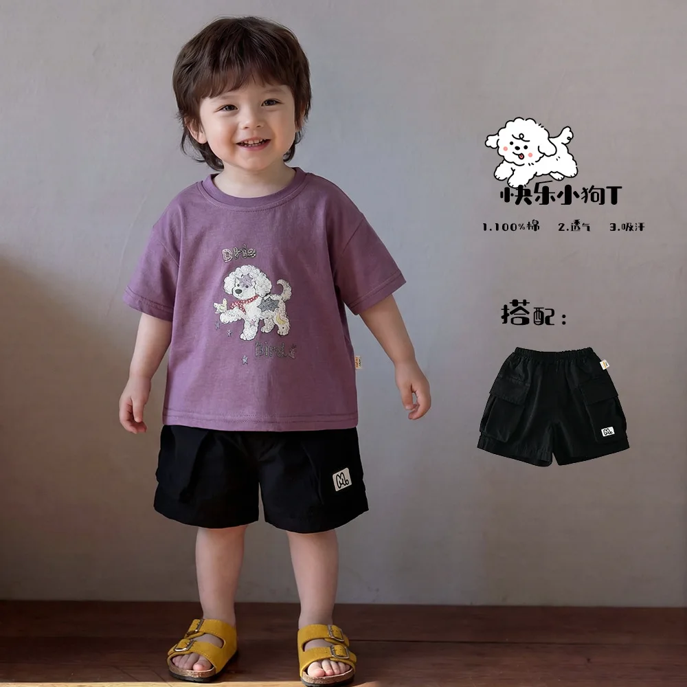 2026 Korean Style Boys T-Shirt Cartoon Dog Print Loose Short Sleeve Soft Cotton Tops Toddler Kids Casual Summer Outfit 0-4Y