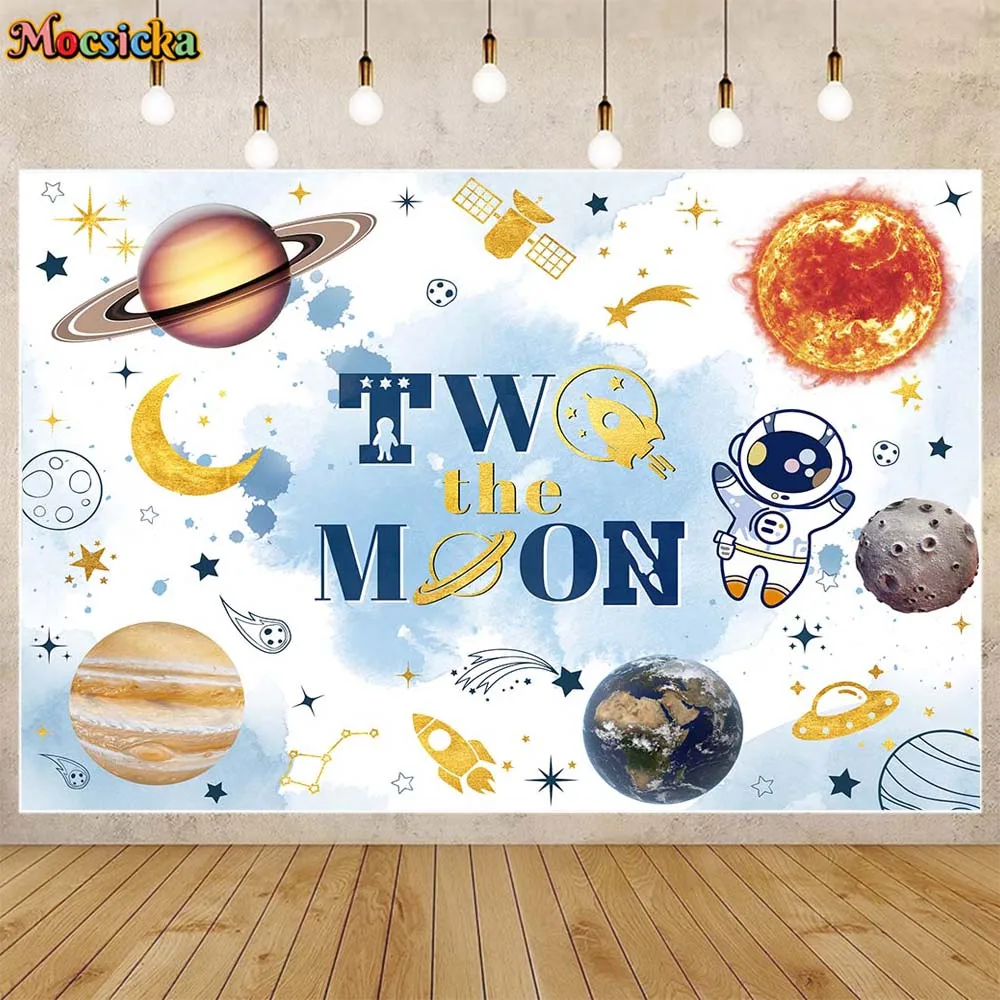 

Mocsicka Boy 2nd Birthday Backdrop Space Planet Astronaut Two the Moon Child Birthday Party Decor Photo Background Banner Props