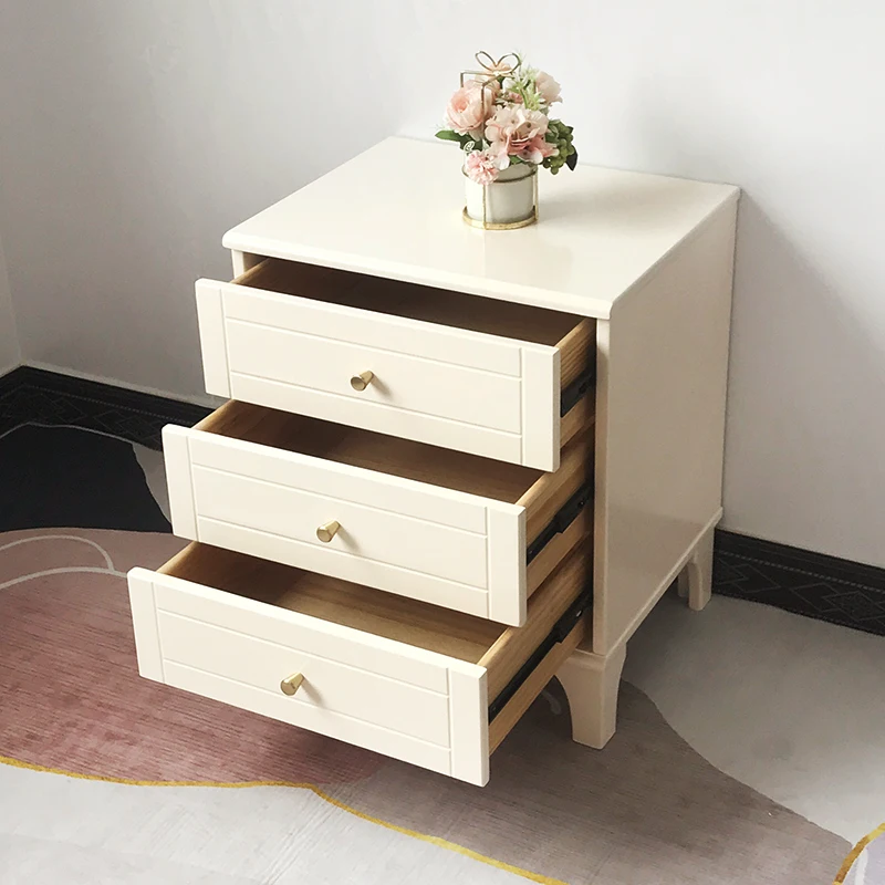 QJJ Solid Wood Bedside Cabinet Three Drawers American Light Luxury Modern Minimalist Nordic Bedroom Mini Side Cabinet