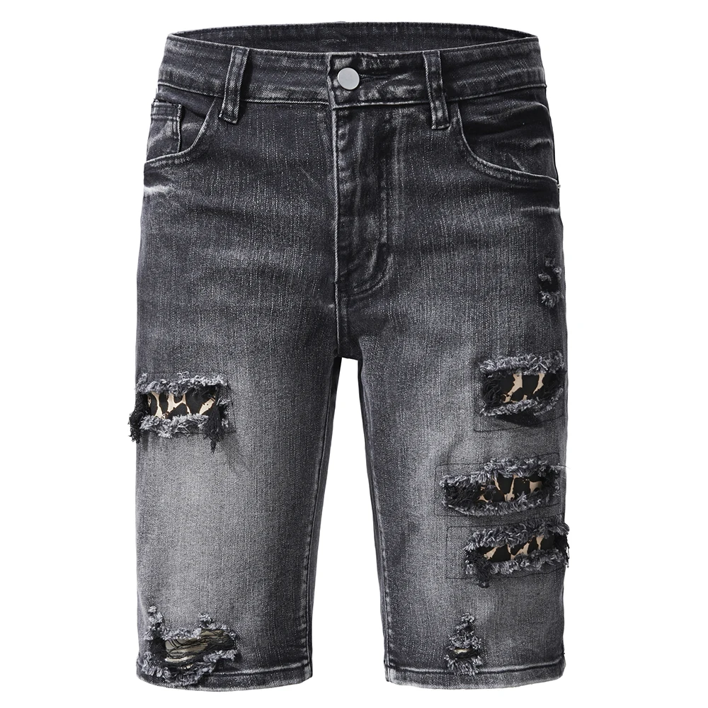 

Men's leopard print Patch Denim Shorts Streetwear Holes Ripped Patchwork Cotton Spandex Stretch Jeans Casual Knee Length Jorts