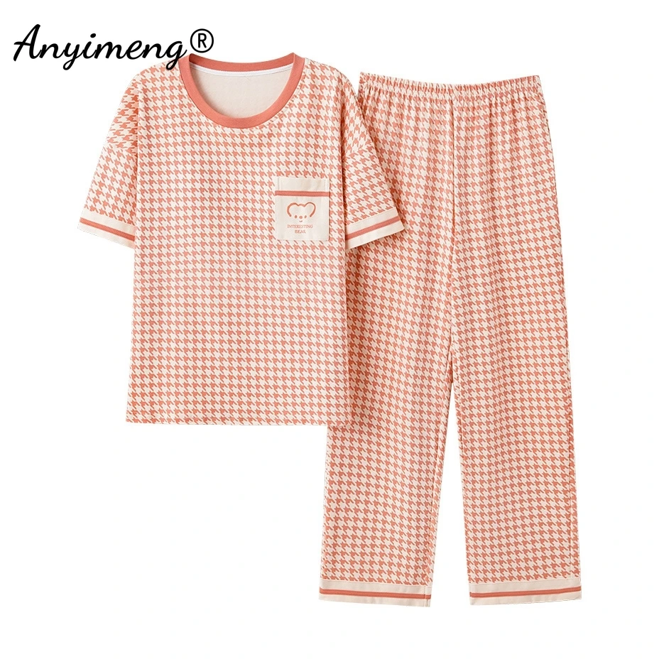 

Хлопковый пижамный комплект, женский летний комплект из двух предметов с коротким рукавом и длинными брюками, домашняя одежда, Мягкая Повседневная Женская одежда для сна
