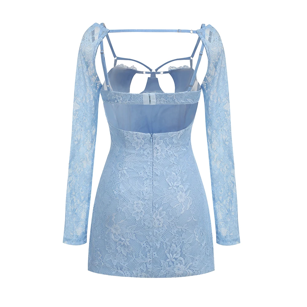 Light Blue Lace Material Long Sleeve Mini Dress French Romance Sexy Slim Fit Dating Women Dress