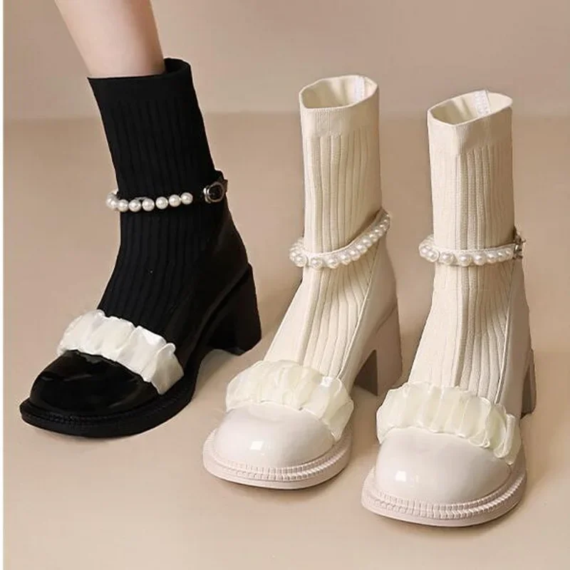 Fashion Women Socks Boots Pearl Lace Buckle Belt Slip-on Platform Ankle Boots Mary Jane Shoe Autumn Casual Thick High Heel Boots