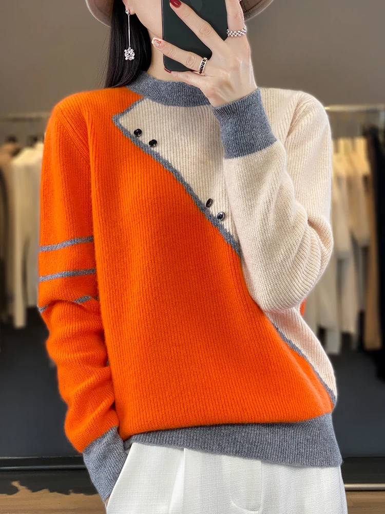 Autumn Winter New 100% Wool Knitted Pullover Women O-Neck Color Match Sweater Long Sleeve Shirt Fashion Loose Warm Thick Tops