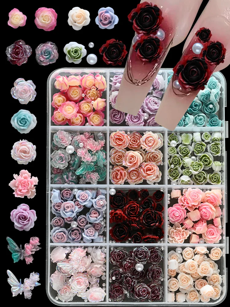 12 Gitter 3D Kamelie Rose Blume Nail Art Charms Mixed Floral Schmetterling Perle Nägel Dekorationen für DIY Handwerk Maniküre Zubehör