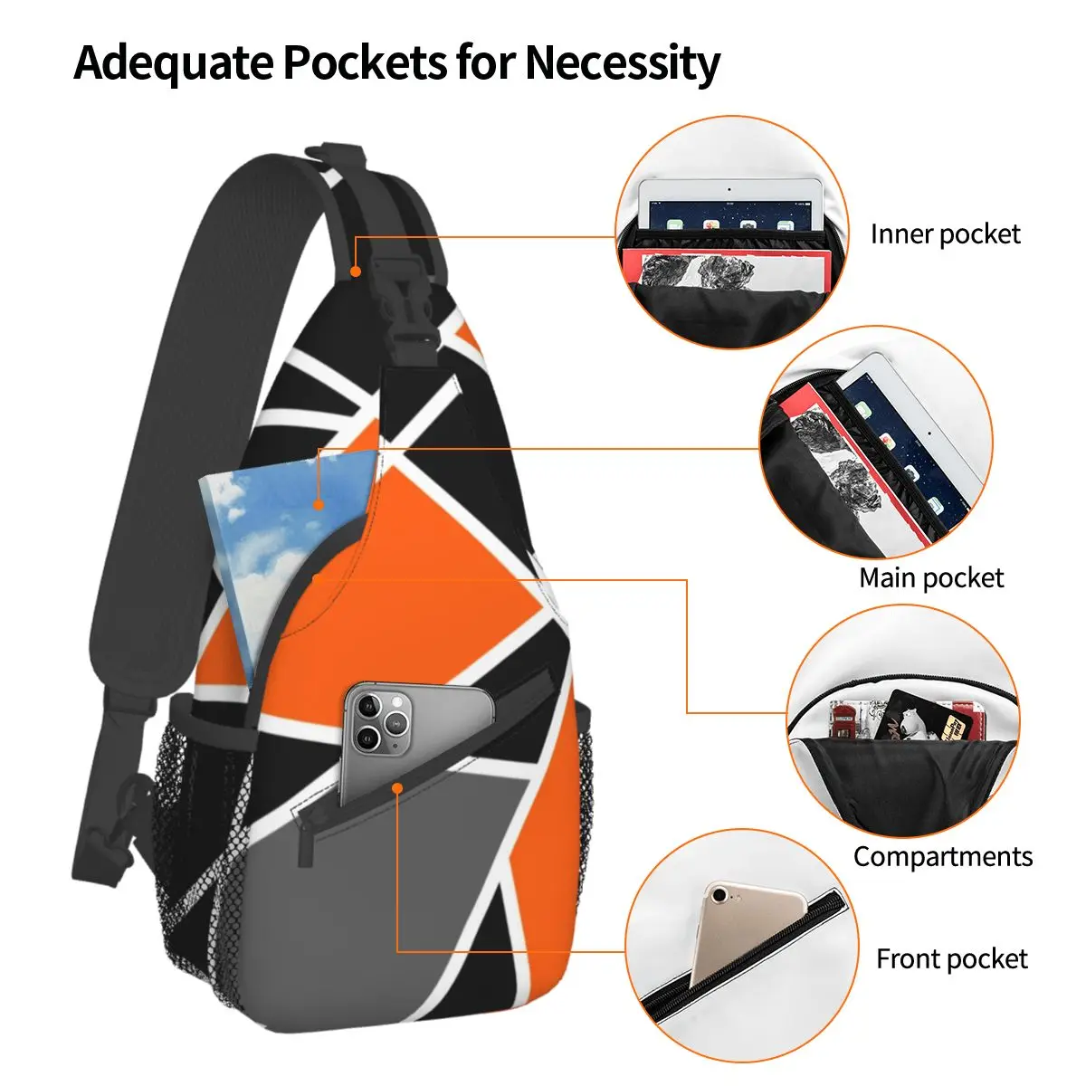 Geometric Modern Crossbody Sling Bag Small Chest Bag Orange Mondrian Art Shoulder Backpack Daypack Travel Hiking Camping Satchel