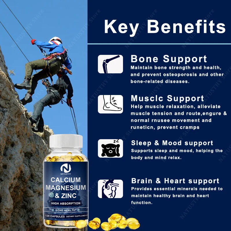 Calcium Magnesium Zinc + Vitamin D Capsules - High Absorption - Support Bones - Immune - Musclc - Sleep & Mood - Brain & Heart
