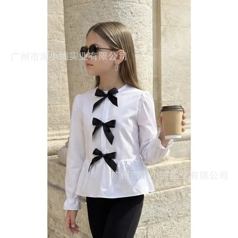 Girl's Shirt 2026 Spring and Autumn New Children's Clothes Baby Girl Bow-tie Bubble Sleeve Waist Lossy Leaf Put Shirt