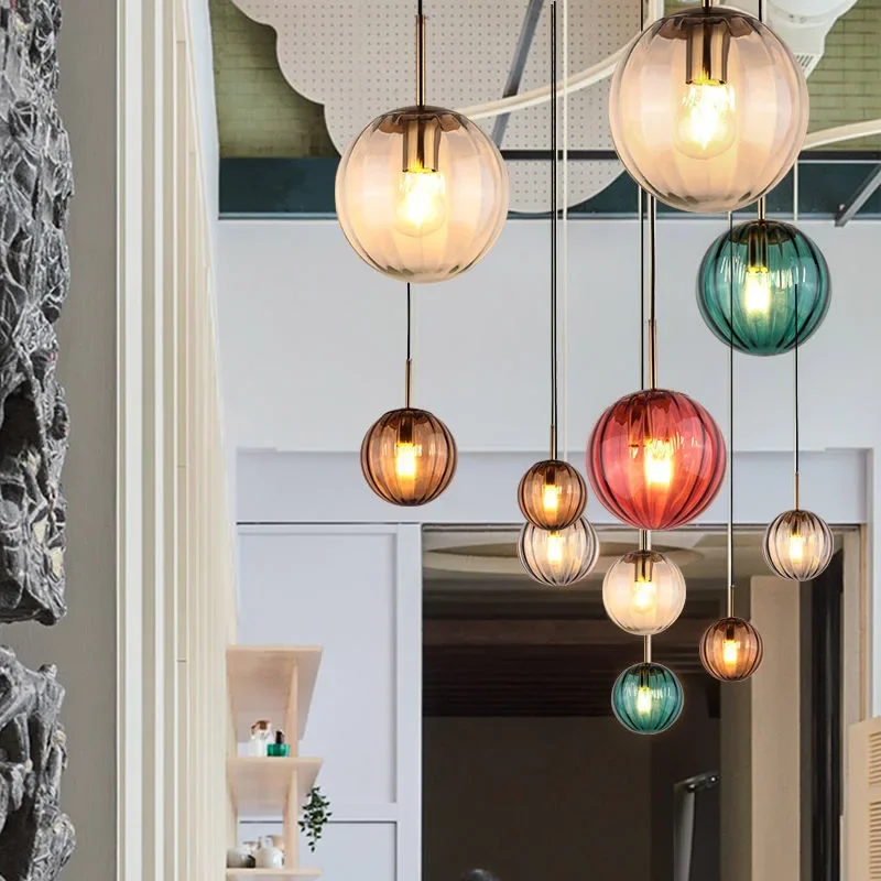 High-end Color Water Patterned Glass Ball Pendant Light Bedroom Bedside Lamp Creative Dining Living Room Bar Counter Chandelier