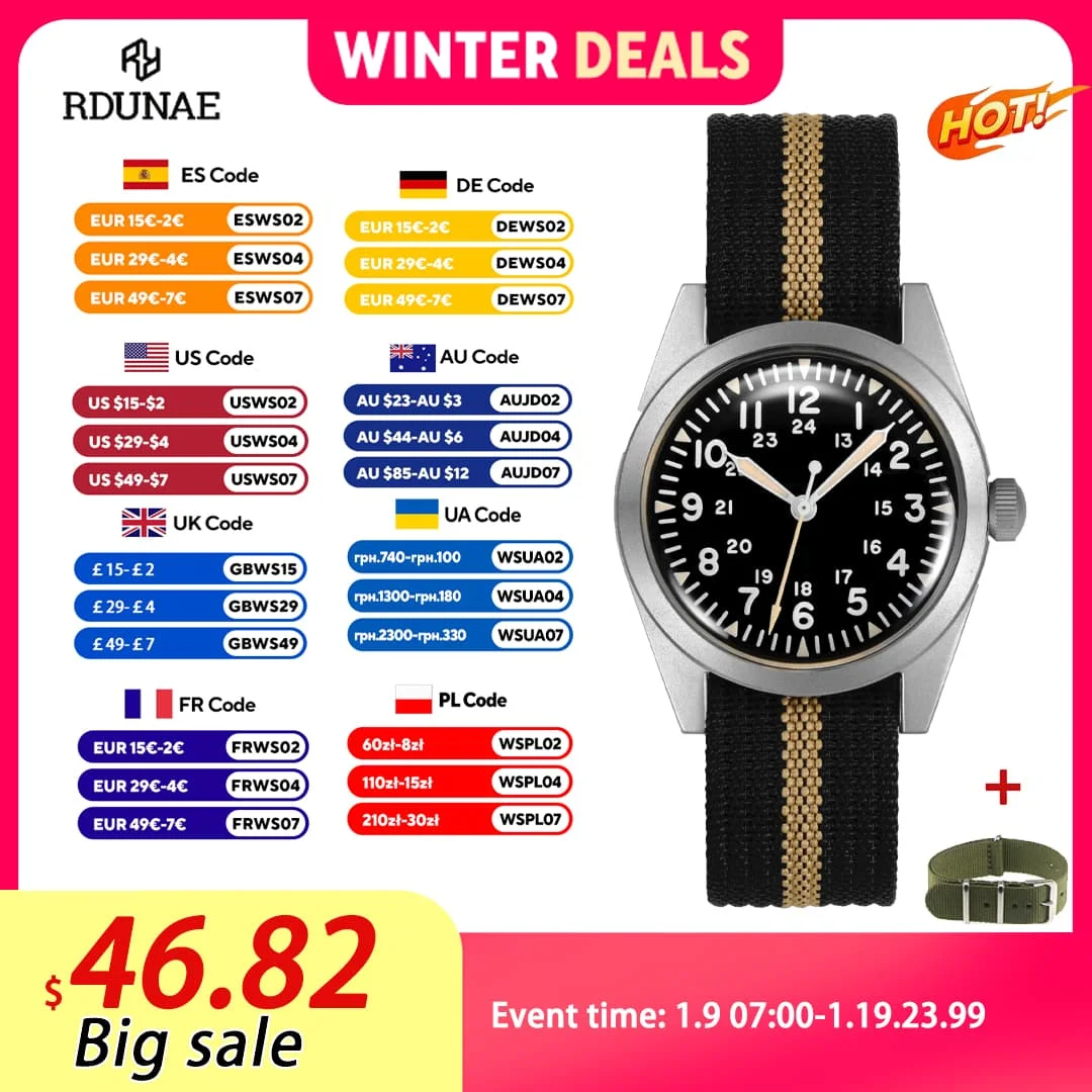 

2025 RDUNAE New RA04 Men's Military Quartz Wristwatch 35mm G10 Retro Miyota 2035 Watches 5Bar Stainless Steel Sports C3 Clock
