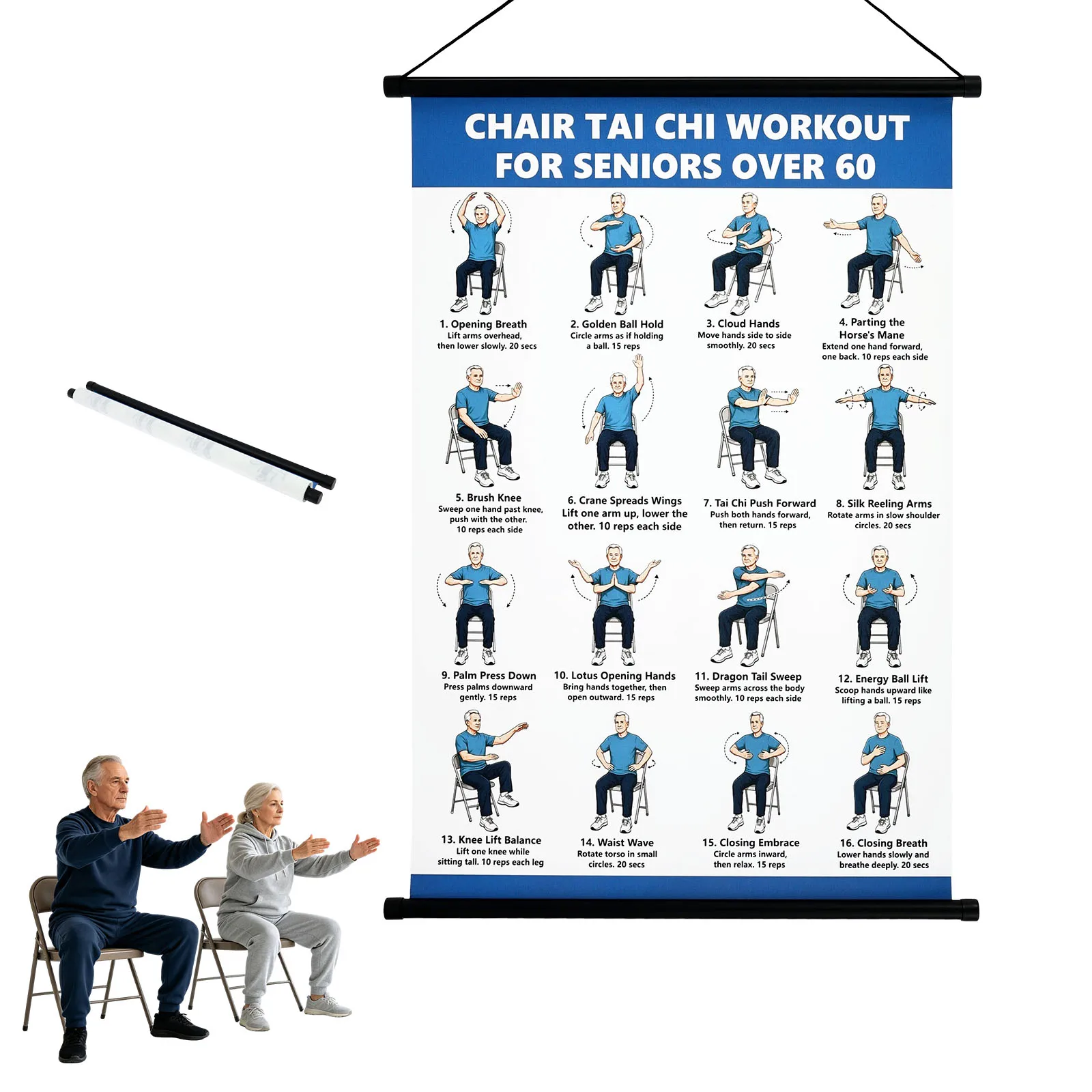 1/2Pcs Tai Chi Exercise Plan Portable Tai Chi Walking Workout Guide Poster Senior Hanging Chair Tai Chi Workout Scroll Poster
