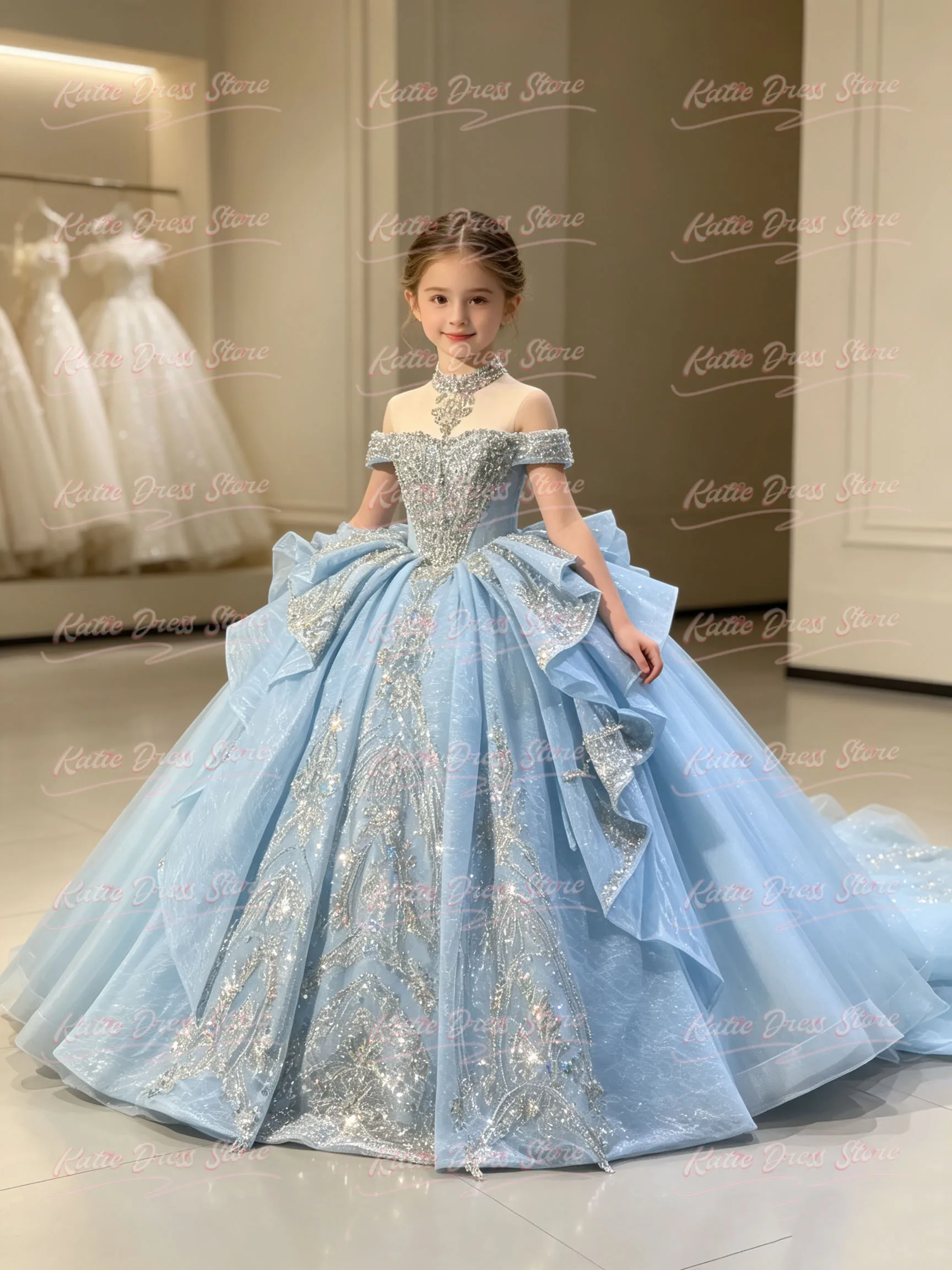Luxurious Customized Flower Girl Dress For Wedding Tulle Applique Beading Puffy Kids Birthday Party First Communion Ball Gowns ﻿